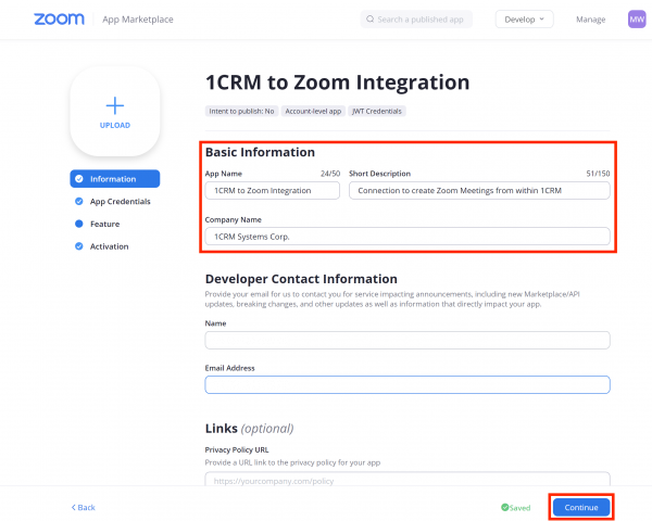 Enter Basic Info and click Continue