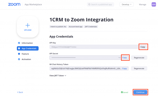 Copy the API Key and API Secret