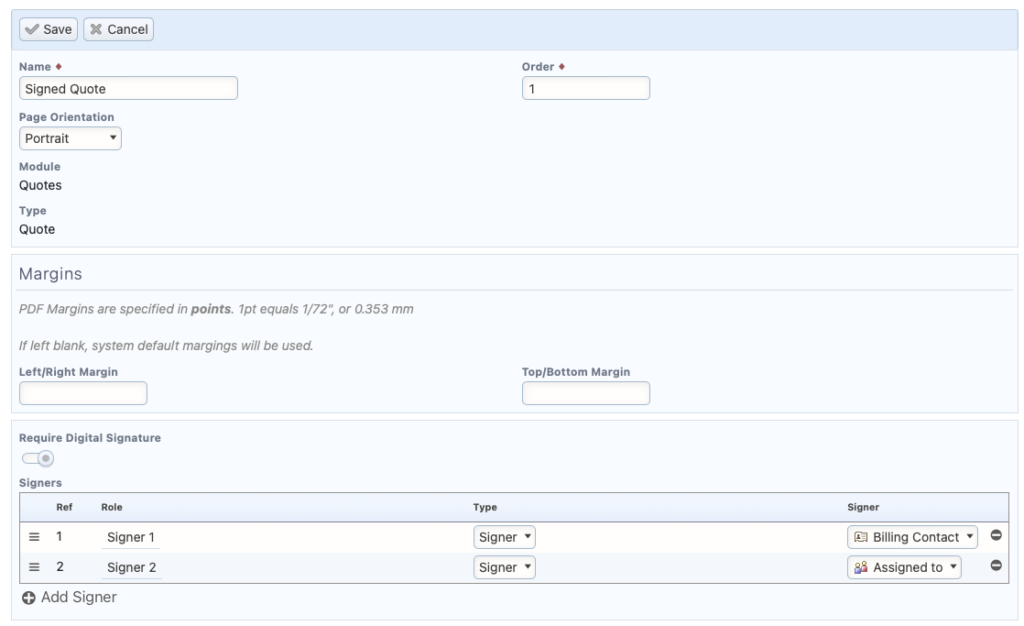 Signer customization section of the PDF form designer